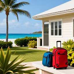 Caribbean Holidays, January Island Hopping, A relaxed Caribbean itinerary scene with a small boutique hotel, tropical garden, travel bags and a sunny island coastline in the background