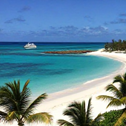 Caribbean Holidays, January Island Hopping, A sunny January seascape in The Bahamas with a small cruise boat between turquoise islands, white sand beaches and gentle palm trees
