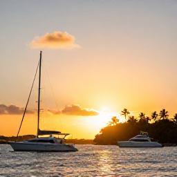 Caribbean Holidays, January Island Hopping, A sunset over a Caribbean island harbour with a yacht, palm trees and warm golden light