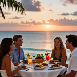 Caribbean Holidays, January Island Hopping, Friends enjoying a sunset dinner on a Caribbean terrace, with local dishes, tropical drinks and a calm sea beyond