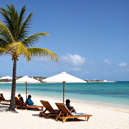 Caribbean Holidays, January Island Hopping, Relaxed beach scene at Orient Bay in Saint Martin, sun loungers, clear water, palm trees and visitors enjoying a calm January day