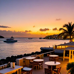 Caribbean Holidays, January Island Hopping, Sunset over a Caribbean bay in Saint Martin and Sint Maarten, waterfront restaurants, softly lit boats and warm evening colours