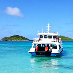 Caribbean Holidays, January Island Hopping, Travellers boarding a small Caribbean ferry between colourful islands, with clear sea, distant green hills and bright blue January skies
