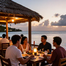 Caribbean Holidays, January Island Hopping, Travellers dining at a relaxed seaside restaurant in Saint Kitts at sunset, with fresh Caribbean food, warm lights and calm water