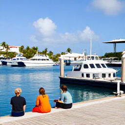 Caribbean Holidays, January Island Hopping, Travellers enjoying a Caribbean island-hopping itinerary at a marina, with ferries, palm trees and bright January sunshine