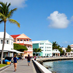 Caribbean Holidays, January Island Hopping, Visitors strolling along a colourful Nassau waterfront in January, with pastel buildings, palm trees and bright Caribbean sunshine