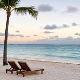 Caribbean Holidays, January Luxury, A luxurious beachfront resort on Grand Cayman at sunrise in January, calm turquoise sea, white sand beach, elegant loungers and palm trees