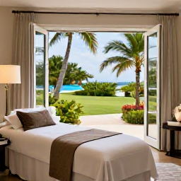 Caribbean Holidays, January Luxury, An elegant spa beside a tropical garden on Grand Cayman, treatment room with open windows, palms and soft natural light