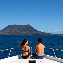 Caribbean Holidays, January Luxury, Couple enjoying a scenic private boat trip along Montserrat's volcanic coastline under a clear blue sky