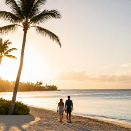 Caribbean Holidays, January Luxury, Couple walking along a quiet Saint Martin beach at golden hour, luxury Caribbean holiday atmosphere, palm trees and calm sea