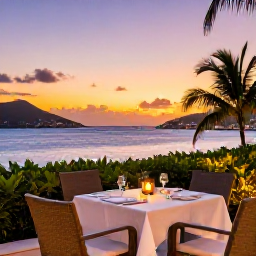 Caribbean Holidays, January Luxury, Elegant luxury hotel terrace overlooking a Caribbean bay at sunset on Saint Martin, dining table, soft lighting and tropical scenery
