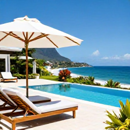 Caribbean Holidays, January Luxury, Elegant private villa terrace overlooking Montserrat's Caribbean coast, with a swimming pool, comfortable loungers and tropical gardens