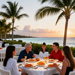 Caribbean Holidays, January Luxury, Guests enjoying a sophisticated beachfront restaurant on Grand Cayman, fresh seafood, tropical setting and sunset over the Caribbean Sea