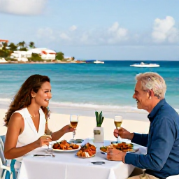 Caribbean Holidays, January Luxury Holidays, A couple enjoying a relaxed fine-dining lunch at a seaside restaurant in Grand Case, Saint Martin, with fresh seafood and blue water beyond