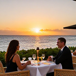 Caribbean Holidays, January Luxury Holidays, A couple enjoying a sunset dinner at a refined Caribbean restaurant overlooking the sea on Bonaire, with warm January light and elegant outdoor tables