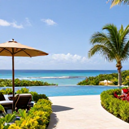 Caribbean Holidays, January Luxury Holidays, A luxury hotel terrace on Bonaire with an infinity pool, tropical gardens and a view across the Caribbean Sea in bright January sunshine