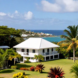 Caribbean Holidays, January Luxury Holidays, A peaceful hillside guesthouse on Sint Eustatius overlooking the Caribbean, with tropical vegetation and a small harbour in the distance