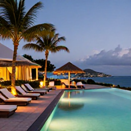 Caribbean Holidays, January Luxury Holidays, A quiet luxury resort pool overlooking the Caribbean at dusk on Sint Maarten, with palm trees, warm lights and a peaceful holiday atmosphere