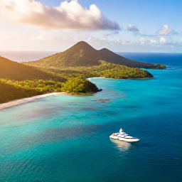 Caribbean Holidays, January Luxury Holidays, Aerial view of Saint Vincent and the Grenadines with turquoise sea, lush green islands and a luxury yacht in warm January sunshine