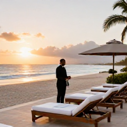 Caribbean Holidays, January Luxury Holidays, An elegant luxury hotel terrace overlooking a Caribbean beach at sunset on Saint Martin, with comfortable loungers and discreet service