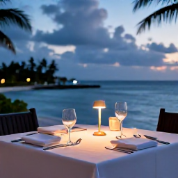 Caribbean Holidays, January Luxury Holidays, Candlelit fine dining table at a luxury Caribbean resort with ocean views in the evening