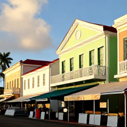 Caribbean Holidays, January Luxury Holidays, Charming Nassau street with pastel buildings, local market stalls and historic colonial architecture in warm January sunlight