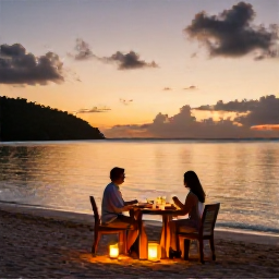 Caribbean Holidays, January Luxury Holidays, Couple enjoying a private sunset dinner on a Caribbean beach in Saint Vincent and the Grenadines, with soft lantern light and calm sea