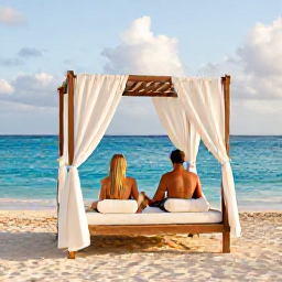 Caribbean Holidays, January Luxury Holidays, Couple relaxing on a private Caribbean beach with a stylish cabana, clear blue water and soft golden afternoon light