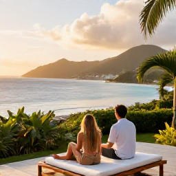 Caribbean Holidays, January Luxury Holidays, Couple relaxing on a private terrace overlooking a Caribbean bay in Saint Vincent and the Grenadines, with tropical greenery and golden morning light