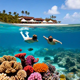Caribbean Holidays, January Luxury Holidays, Couple snorkelling in clear Bahamian water above colourful coral and tropical fish near a luxury island resort