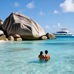 Caribbean Holidays, January Luxury Holidays, Couple swimming from a luxury yacht near The Baths on Virgin Gorda, with huge granite boulders and clear blue water