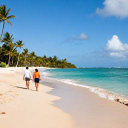 Caribbean Holidays, January Luxury Holidays, Couple walking along a quiet golden beach on Nevis with palm trees and crystal-clear Caribbean water