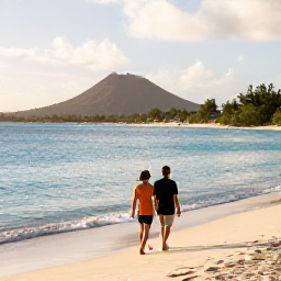 Caribbean Holidays, January Luxury Holidays, Couple walking along a quiet sandy beach in Saint Kitts, turquoise water, volcanic hills and soft afternoon sunshine