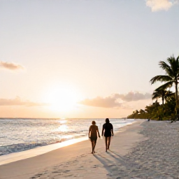 Caribbean Holidays, January Luxury Holidays, Couple walking along an empty white sand beach at sunset in Providenciales, Turks and Caicos Islands