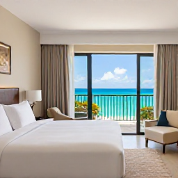 Caribbean Holidays, January Luxury Holidays, Elegant Bahamas resort room with balcony, soft neutral interiors, ocean view and luxury details