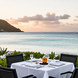 Caribbean Holidays, January Luxury Holidays, Elegant beachfront hotel on Saint Barth&eacute;lemy at sunrise in January, calm turquoise sea and stylish outdoor breakfast setting