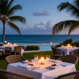 Caribbean Holidays, January Luxury Holidays, Elegant Caribbean resort terrace with a gourmet dinner, ocean view, candlelight and tropical evening atmosphere
