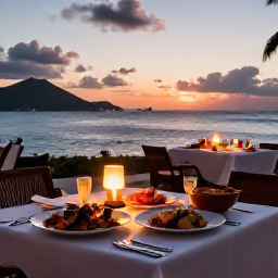 Caribbean Holidays, January Luxury Holidays, Elegant Caribbean restaurant overlooking the sea at sunset, fresh seafood dinner and candlelit tables in the United States Virgin Islands