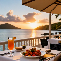 Caribbean Holidays, January Luxury Holidays, Elegant Caribbean restaurant terrace at sunset in the British Virgin Islands, with fresh seafood, cocktails and views across the bay