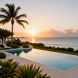 Caribbean Holidays, January Luxury Holidays, Elegant hotel terrace overlooking a Caribbean bay at sunrise, private plunge pool, palm trees and January light in St Thomas