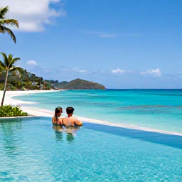 Caribbean Holidays, January Luxury Holidays, Elegant luxury beachfront resort in Saint Vincent and the Grenadines with a couple relaxing beside an infinity pool overlooking the Caribbean Sea