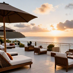 Caribbean Holidays, January Luxury Holidays, Elegant luxury hotel terrace overlooking the Caribbean Sea at sunset on Nevis
