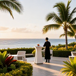 Caribbean Holidays, January Luxury Holidays, Elegant luxury hotel terrace overlooking the Caribbean Sea on Nevis, morning light, tropical gardens and attentive service