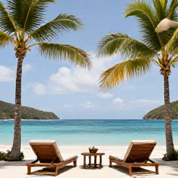 Caribbean Holidays, January Luxury Holidays, Elegant luxury resort overlooking a quiet Caribbean beach on Saint Vincent, with palm trees, stylish loungers and calm blue water