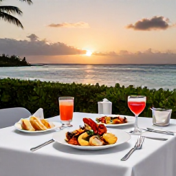 Caribbean Holidays, January Luxury Holidays, Elegant luxury resort restaurant overlooking the Caribbean Sea at sunset in Turks and Caicos, beautifully presented local seafood dinner