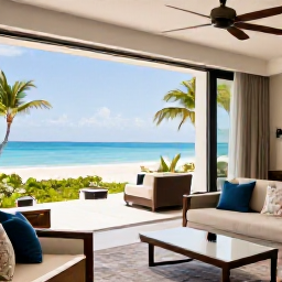 Caribbean Holidays, January Luxury Holidays, Elegant luxury resort suite opening onto a sunlit terrace overlooking Grace Bay, Turks and Caicos Islands