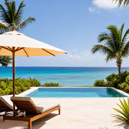 Caribbean Holidays, January Luxury Holidays, Elegant luxury villa terrace overlooking the Caribbean Sea in January, plunge pool, comfortable seating and tropical greenery