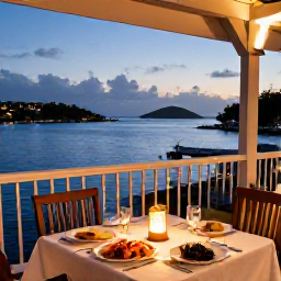 Caribbean Holidays, January Luxury Holidays, Elegant open-air restaurant overlooking a Caribbean harbour at dusk in January, candlelit table, fresh seafood and distant islands