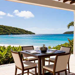 Caribbean Holidays, January Luxury Holidays, Elegant private villa terrace overlooking a Caribbean bay in the British Virgin Islands, outdoor dining and sparkling blue water