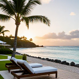 Caribbean Holidays, January Luxury Holidays, Luxury beachfront resort in Barbados at sunrise, calm turquoise sea, elegant loungers and tropical palms